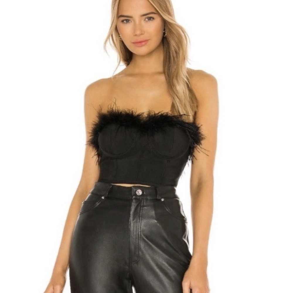Superdown Revolve Ramona‎ Feather Bustier Crop Top Black Strapless Corset M NWT